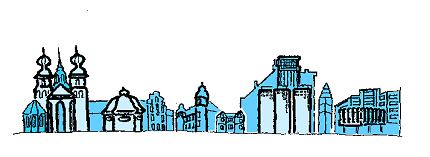 gezeichnete Skyline Kamp-Lintforts mit Kloster Kamp, Haus Dieprahm, Bergwerk West und Neuem Rathaus